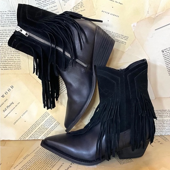 Free People Lawless Fringe Western Boot Black Leather & Suede Ankle Zipper - Picture 10 of 10